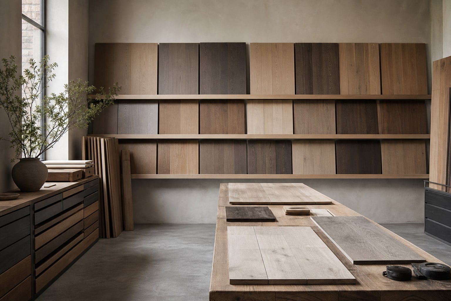 Timber boards stacked and sorted in the JW Floorcovering workspace