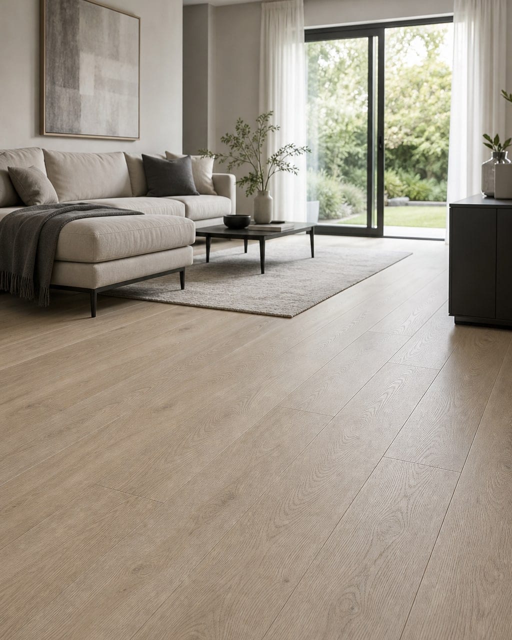 Crownwood Hybrid 8mm ABA flooring in a bright contemporary living area