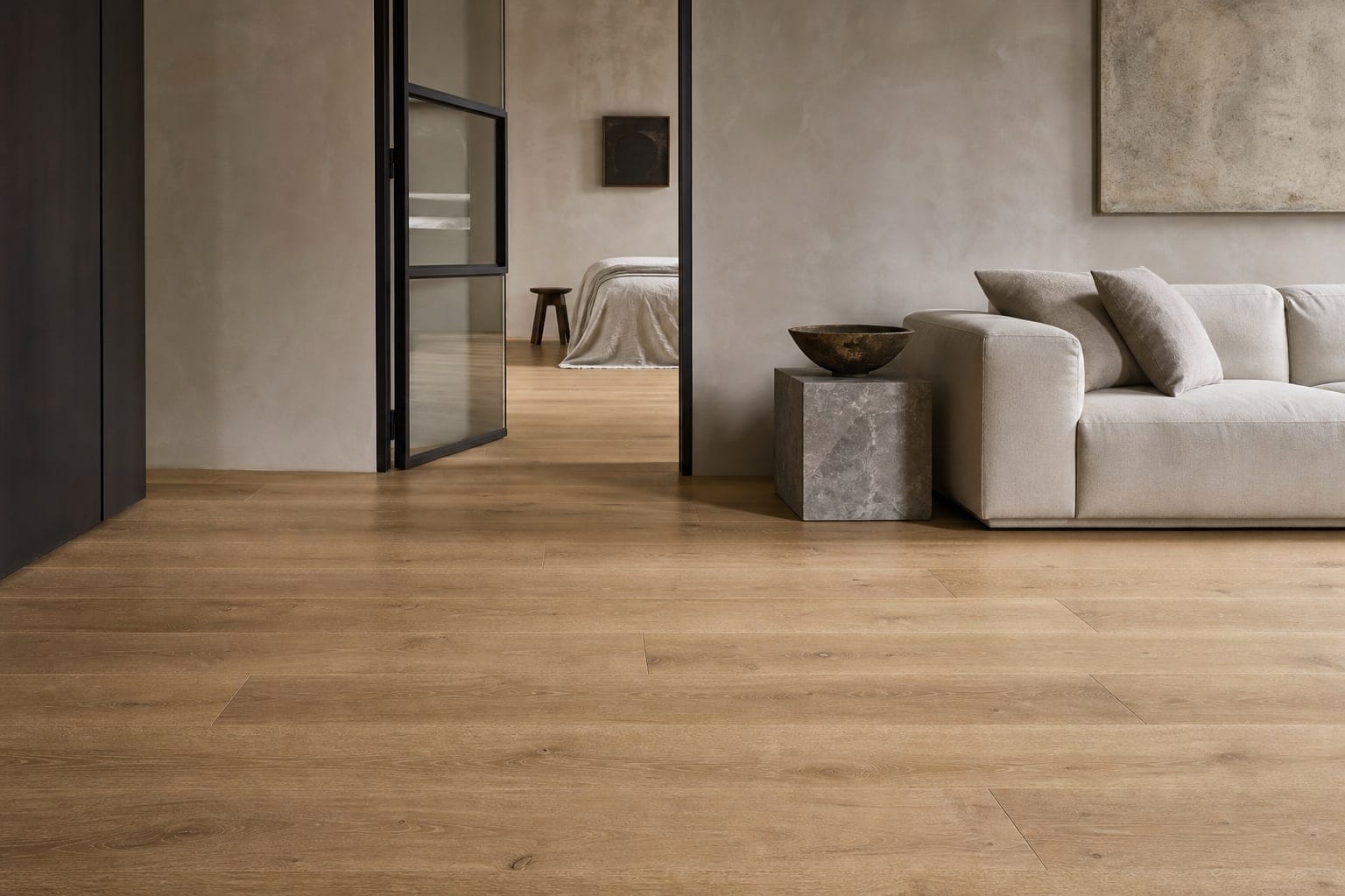 Engineered oak flooring running through a naturally lit living space