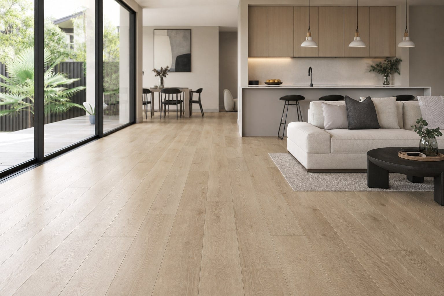Light hybrid flooring in a contemporary open-plan living area