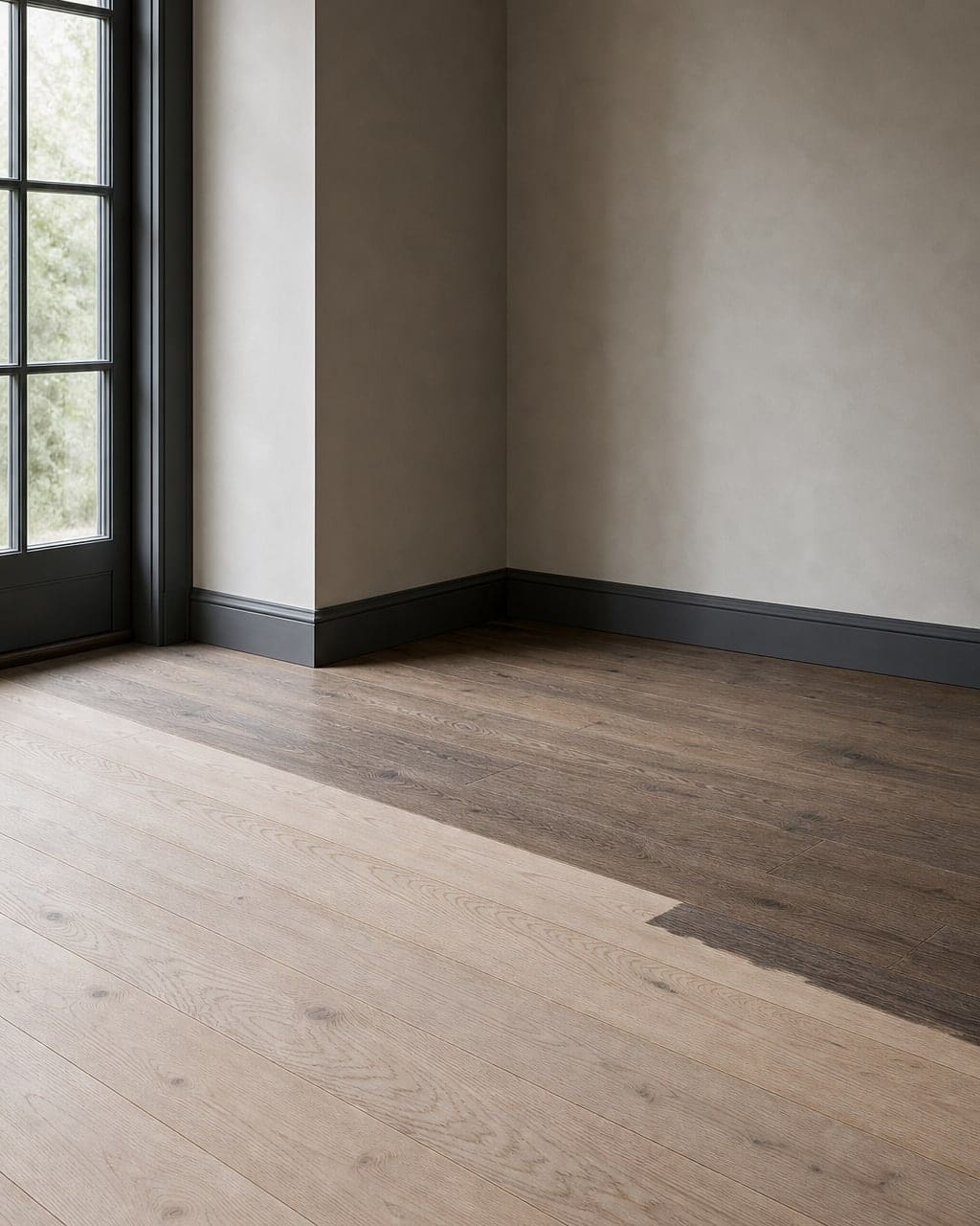 A timber floor part way through sanding, showing raw and finished sections