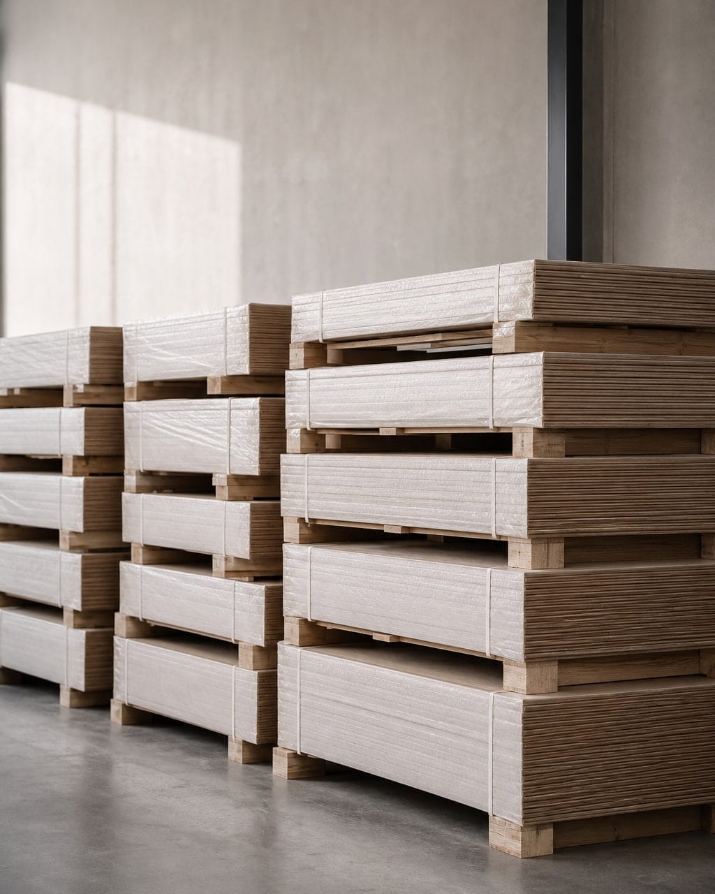 Stacked timber flooring packs in a warehouse